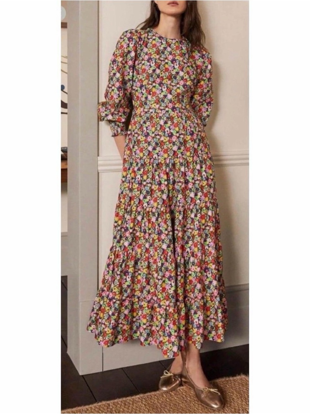 Boden Ditsy Floral Tiered Maxi Dress long sleeve zip back women’s size 8